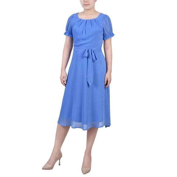 NWT Ny Collection Womens Petite Short Sleeve Belted Swiss Dot Dress Sky Blue PM - Picture 1 of 5